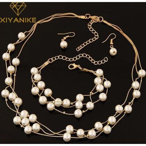 Imitation Pearl Jewelry Set Simulated Pearl Double Layer Women Earrings Necklace Bracelet Sets for Wedding N271