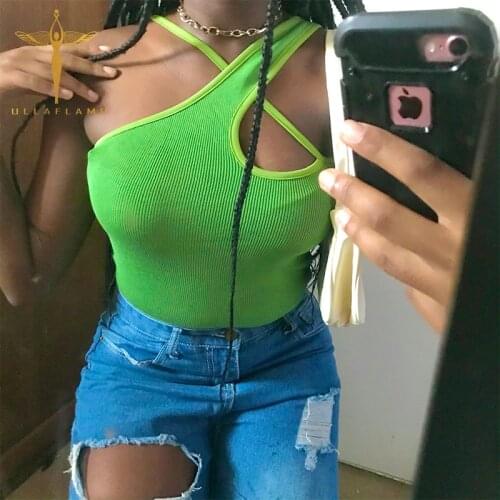 ULLAFLAMO Summer Hollow Y2K Streetwear Sleeveless Crop Top Sexy Cross Slim Camis Female Camisoles Solid Basic Women Camisole
