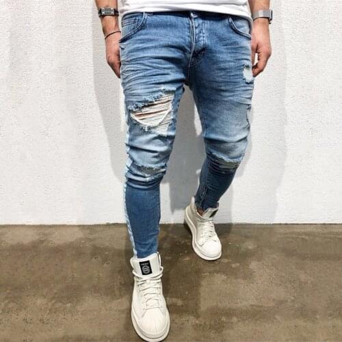 Men Destroyed Side Zipper Slim Jeans New Fashion KANYE Hip-hop Streetwear Ripped Knee Holes stripe Jeans For Male Trousers