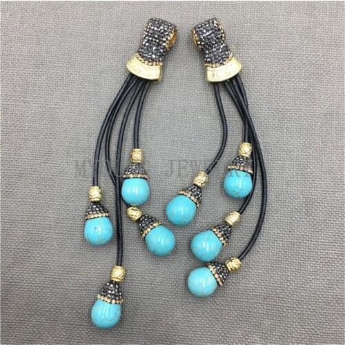 MY0137 Blue Turquois Beads Tassel Pendant With Gold Plate, Pave Rhinestone Macrame Pendant For Women Necklaces Jewelry Making