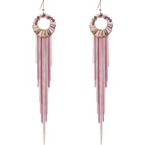 New Original Korea Design Bohemian Long Colored Chain Tassel Crystal Hoop Earrings for Women Girls Wedding Bridal Jewelry Gift