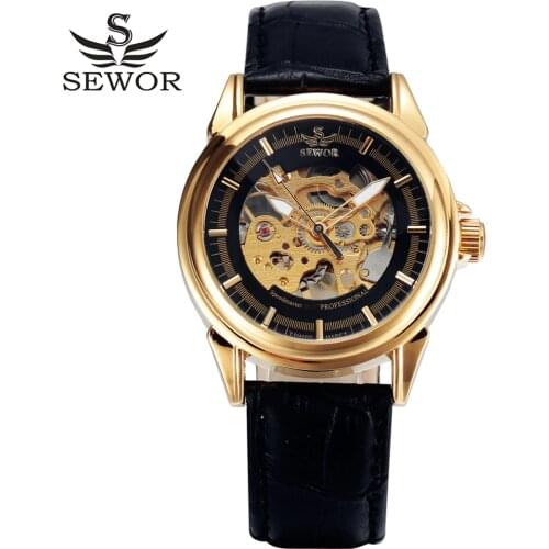 New SEWOR business fashion skeleton leather men male clock mechanical hand wind military wrist luxury sport watch gift 015