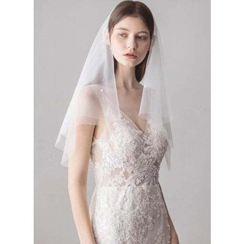 Tanpell One-Layer Pearls Cut Edge Chapel Wedding Veil Short Ivory Simple Tulle Wedding Veil