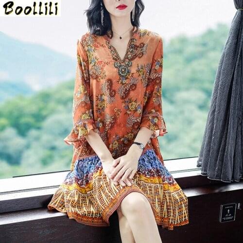 Boollili Real Silk Women Summer Dress Women Boho Beach Dress Vintage Midi Dress Women Clothes Ladies Dresses Robe Femme