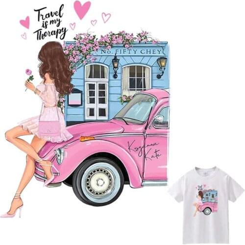 Iron-On Transfer For Clothes Fashion Pink Girl DIY Washable Woman T-Shirt Thermoadhesive Patches Beautiful Car Clothing Stickers