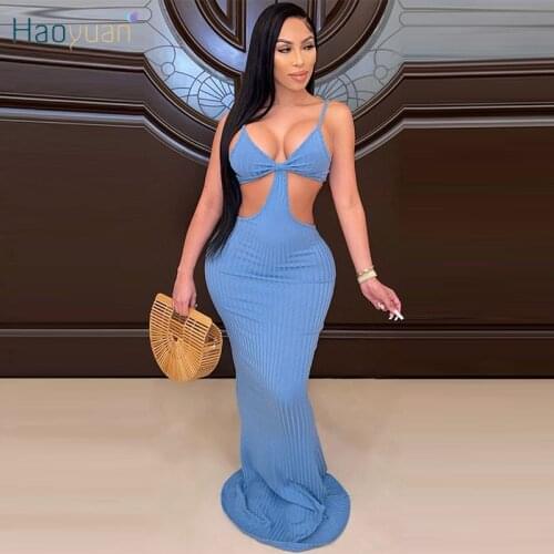 HAOYUAN Knitted Spaghetti Strap Maxi Dress Hollow Bodycon Night Dress Women Summer Clothing Sleeveless Club Ladies Long Dresses