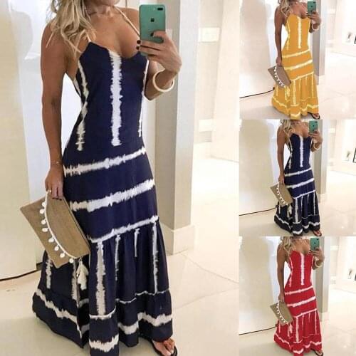 Casual Women Robe Sexy Maxi Dress Summer Sleeveless V-neck Strip Printed Long Dress Backless Women Clothes Streetwear Boho Dress