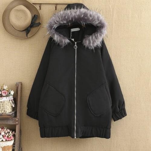Extra-large womens coat, mid-length winter coat with a thick hooded collar and cotton center, 220-pound baggy girl coat