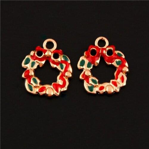 10pcs Gold Metal Enamel Christmas Wreath Charms Holiday Gift DIY Jewelry Findings A3096