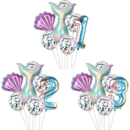 7pcs/set Mermaid Tail Number Foil Balloon Latex Confetti Inflated Balloons for Kids Birthday Meimaid Theme Party Decoration