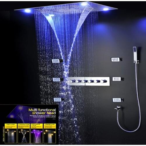 Bathroom Large Rain Shower Set Ceiling Led Shower Head Waterfall Rainfall Shower Kit Thermostatic Faucets Massage Body Jets