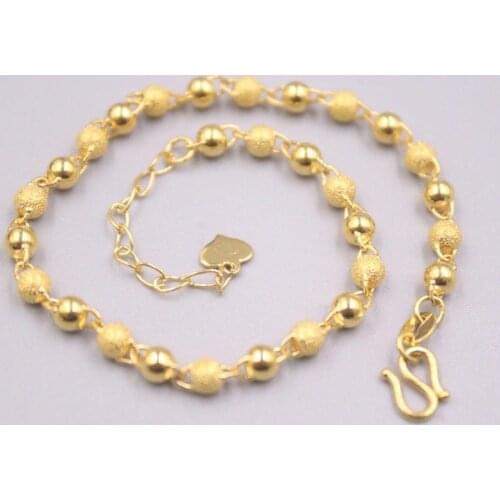 Real 24K 3D Yellow Gold Bracelet Width 3mm Shiny Beads And Smooth Beads Link Chain 7.67"L
