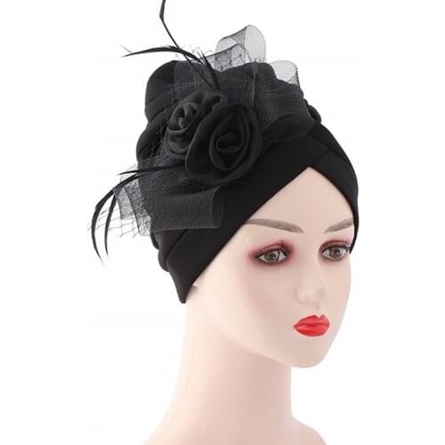 2021 Feather Flower Turban Bonnet For Women Muslim Headscarf Caps Wedding Party Headwear Turbante Mujer African Headtie