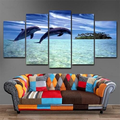 HD Printed 5 Panel Canvas Art Dolphin Painting Canvas Printing Wall Picture for Living Room Home Decor Free Shipping HG-295