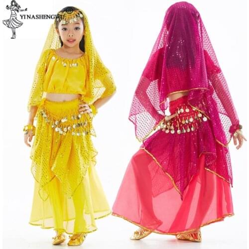 India Belly Dance Costumes Set for kids Girl Oriental Bollywood Sequin Shining Top Skirt Stage Children Dancing Performance Suit