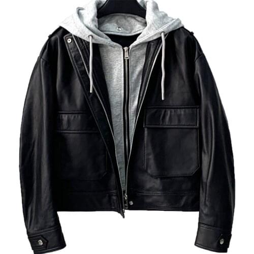 2021 Autumn New Two Piece Leather Jacket Womens Hooded Leather Jacket Sheep Skin Motorcycle Jacket Fashion