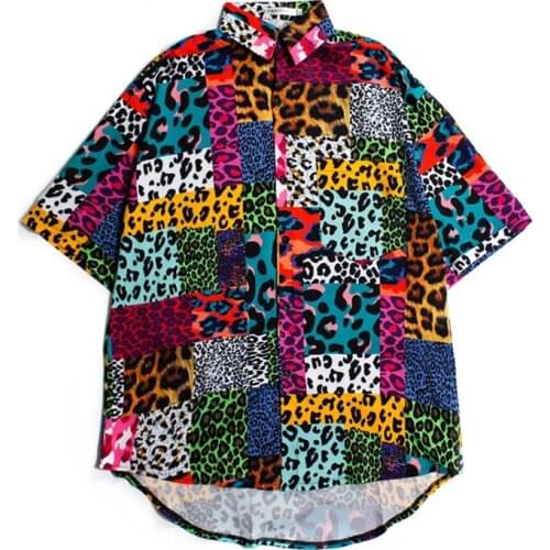 Summer Shirt Women Oversize Shirt Streetwear Loose Short Sleeve Blouse Vintage Multicolor Leopard Stitching Harajuku Man Shirts