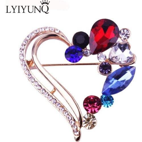 LYIYUNQ Classic Gold Color Brooch Pin Vintage Heart Crystal Brooches Pins For Women Clothes Accessories Fashion Costume Jewelry
