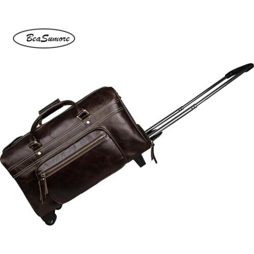 BeaSumore High-grade Head layer cowhide Travel Bag 100 % Genuine Leather Men Business Trolley 20 inch carry on Suitcases Wheel