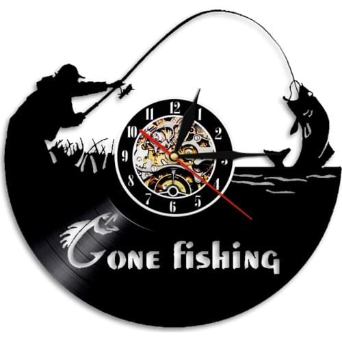 Gone Fishing Hobby Vinyl Record Wall Clock Fisherman Farmhouse Decor Large Mouth Bass Fish Shadow Art Silent Quartz Wall Clock