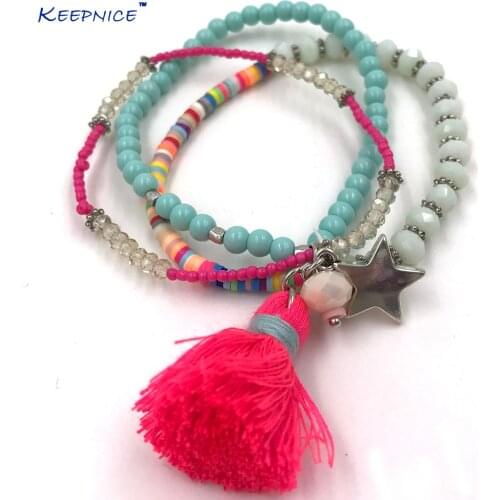 2017 New Bohemia Boho beaded bracelet pink tassel charms bracelet multi layers colorful Seed beaded chain Bracelets for women