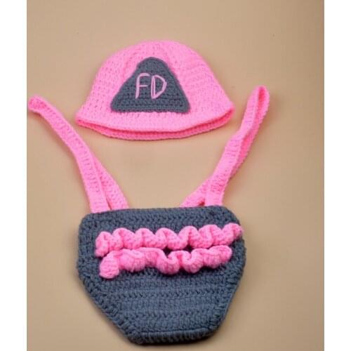 New Character pink color Cotton Newborn Photography Props Costume Hand Crochet Knit Infant Fireman Baby Hat with shorts set