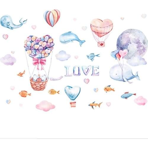 New hand-painted whale hot air balloon cartoon wall stickers living room bedroom wall decals decoracion habitacion adolescente