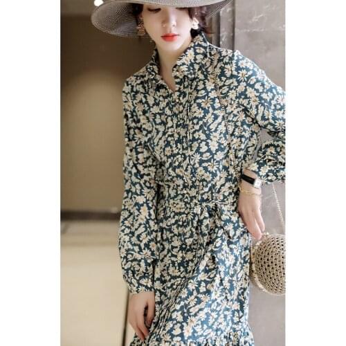Spring new equal autumn French sentiment floral handle printing temperament small Lapel shirt dress
