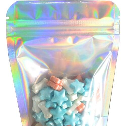 One Side Clear One Side Laser Rainbow PET Pouches Stand Up Zip lock Bags Food Storage For Cosmetic Gorgeous Packaging 100 Pcs