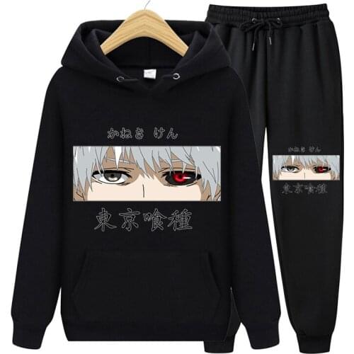 Autumn Black Oversize Pullover Hoodies Tokyo Ghoul Kaneki Ken Eyes Japan Anime Printed Sweatshirt And Sweatpants Suit Streetwear