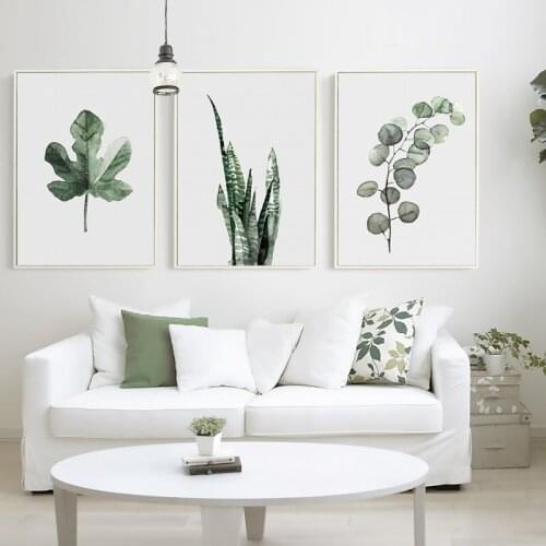 Watercolor Plant Leaves Poster Print Landscape Wall Art Canvas Painting Picture for Home Decoration Green Decor