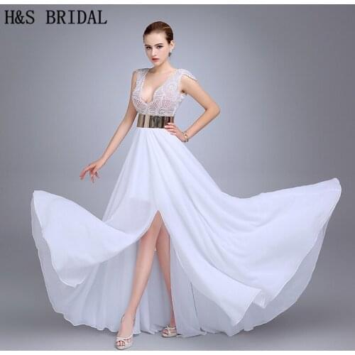 Custom made Real Model Picture Fashion Wedding Dresses Gown 2016 Featuring Beaded Bodice With Plunging V Neck High Slit Dress