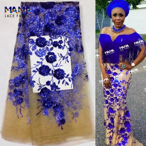 5 Yards Sequined Net Lace Fabric Royal Bule Color Sequins Embroidery Nigerian Net Lace For Wedding Bride Dress Sewing Material