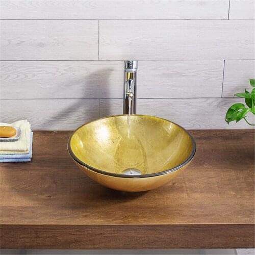 Golden Bathroom Washbasin Marble Countertop Tempered Glass Basin Sink Faucet Set with Brass Waterfall Faucet