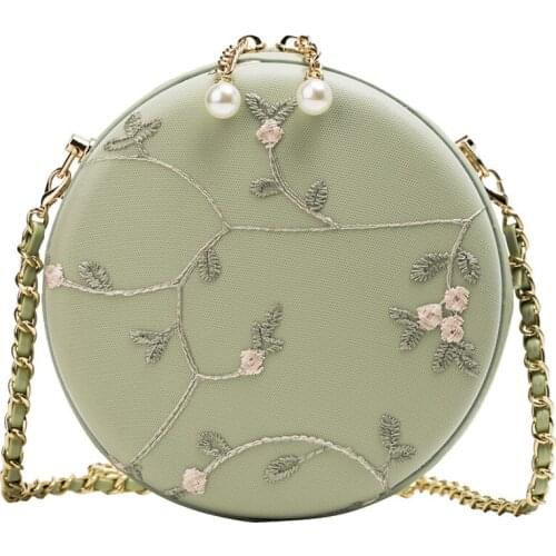 Sweet Lady Embroidery Round Bag 2021 Fashion New Quality PU Leather Womens Designer Handbag Pearl Chain Shoulder Messenger Bags