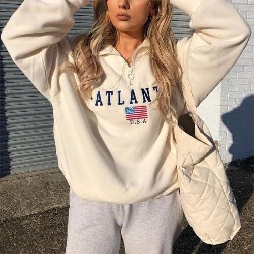 USA Vintage Letter Print Sweatshirt 2021Autumn Fashion Girls Women Casual Loose Pullovers Winter Warm Fur Zipper Turtleneck Tops