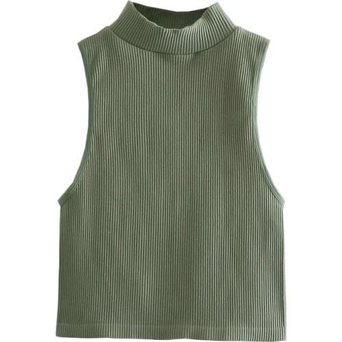 2021 New Women Fashion Stretch Slim Ribbed Knit Tank Tops Vintage High Neck Sleeveless Female Camis Mujer
