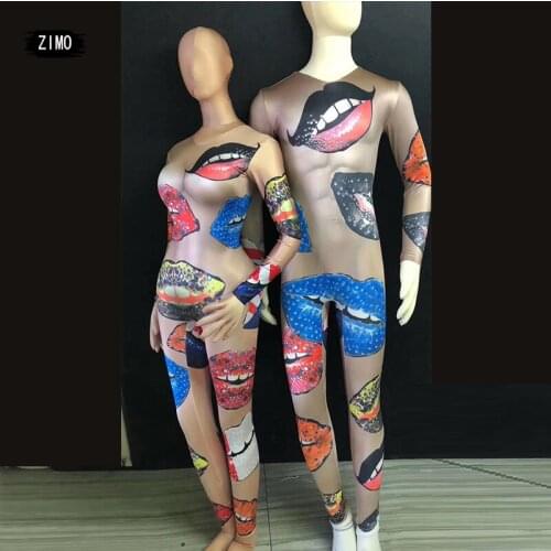 Women Blue Sky White Cloud lip Monroe Print Jumpsuit Nightclub Bar DJ Stage Bodysuit Dancer Pole Dance Acrobatics Performance