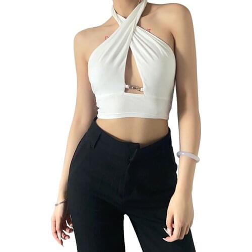 Women Cross Halter Vest Crop Ruched Tank Tops Solid Color Cut Out Sleeveless Open Back Rave Club Vest