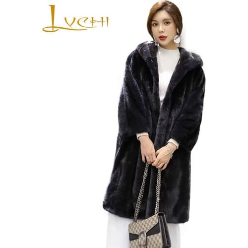 LVCHI Winter 2019 Female Batwing Long Sleeve Elegant Long Real Mink Fur Coats Womens Causal Hat With Fur Hood Causal Long Coats