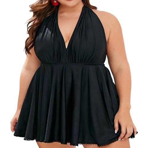 Solid Black&Red Halter Plus Size Swim Dress Push Up Swimsuit With Skirt For Women One-Piece Plunge V Neck Swimwear Large Size