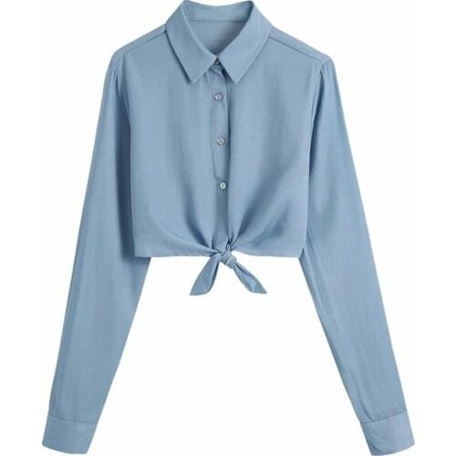 ZXQJ Women 2021 Fashion With Knot Cropped Blouses Vintage Long Sleeve Button-up Female Shirts Chic Tops