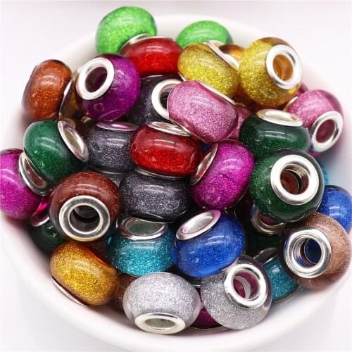 10Pcs Round Glitter Powder Big Hole Plastic Resin Beads Fit Pandora Bracelet Bangle Bead Charms Necklace for DIY Jewelry Making