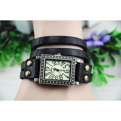 2 PCS Antiqued Bronze Rectangle Watch Black Double Wide Leather Wrap Bracelet #22862