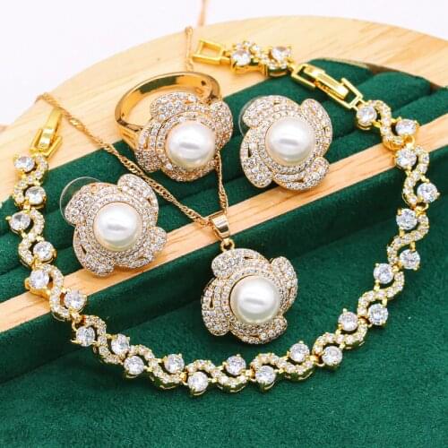 New Arrivals Gold Color Jewelry Sets For Women Wedding Pearl Earrings Necklace Pendant Ring Bracelet Christmas Gift 4PCS