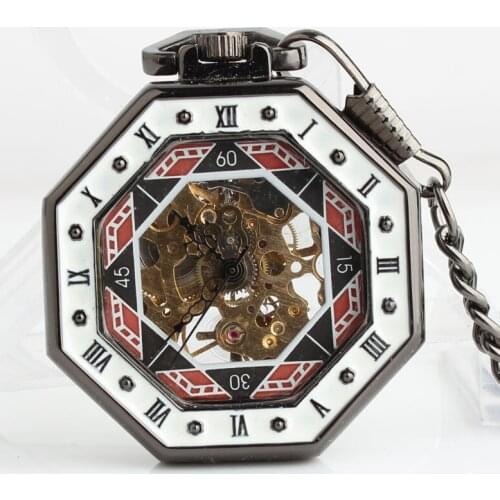 Antique Octagon Mechanical Pocket Watches with Chain Men Women Transparent Pocket Watches