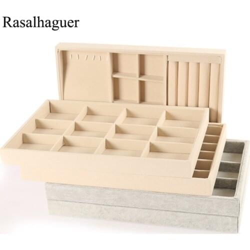 Beige Velvet Jewellery Organizer Storage Box Jewelry Case For Women Watch Holder Necklaces Rings Earrings Pendants Stand Series