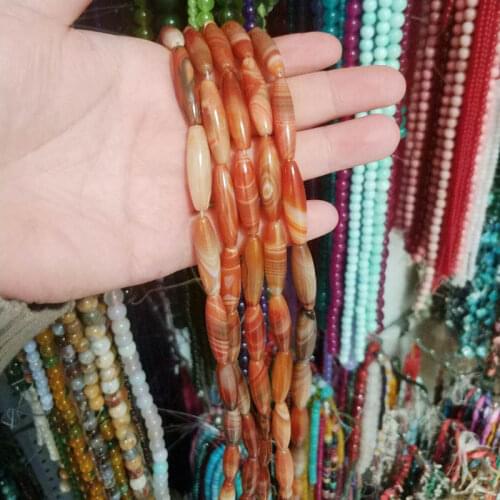 Natural Banded Agates Stones Loose Seed Beads High Quality 10x30mm Red Smooth Oval DIY Jewelry Making Accessories 13Pcs wk272
