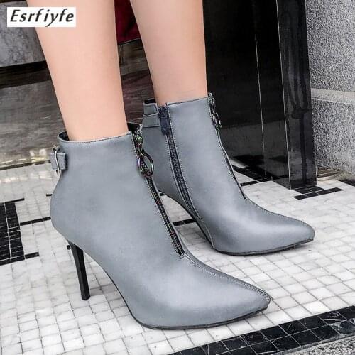 ESRFIYFE 2020 New Spring Autumn Stiletto Thin High Heels Pointed Toe PU Leather Zipper Sexy Martin Boots Ankle Womens Boots