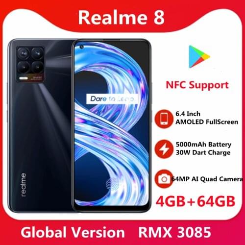 Global Version Realme 8 RMX3085 6.4"FHD+ AMOLED 4GB 64GB 64MP AI Quad Camera Helio G95 Octa 5000mAh 30W Charge NFC Mobile Phone
